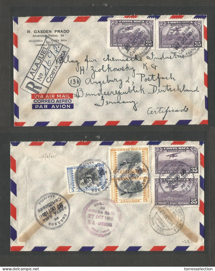 COSTA RICA. 1956 (27 Oct) Alajuela - Germany, Augsburg (27 Oct) Registered Airmail Multifkd Front + Reverse Envelope. - Costa Rica