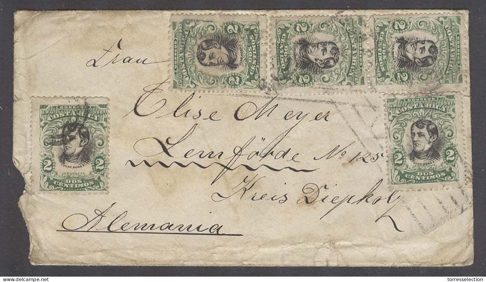 COSTA RICA. 1908 (March). San Jose - Germany / Lemforde. Mutifkd Env 2c Green Black( X5) With Arrival. - Costa Rica