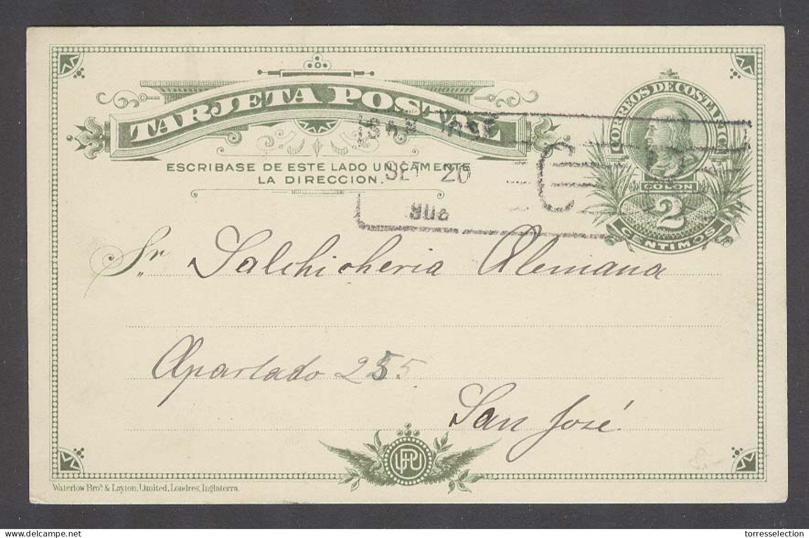 COSTA RICA. 1908 (20 Sept). Sabanilla - San Jose. 2cts Green Stat Card Card. Fine Used. - Costa Rica