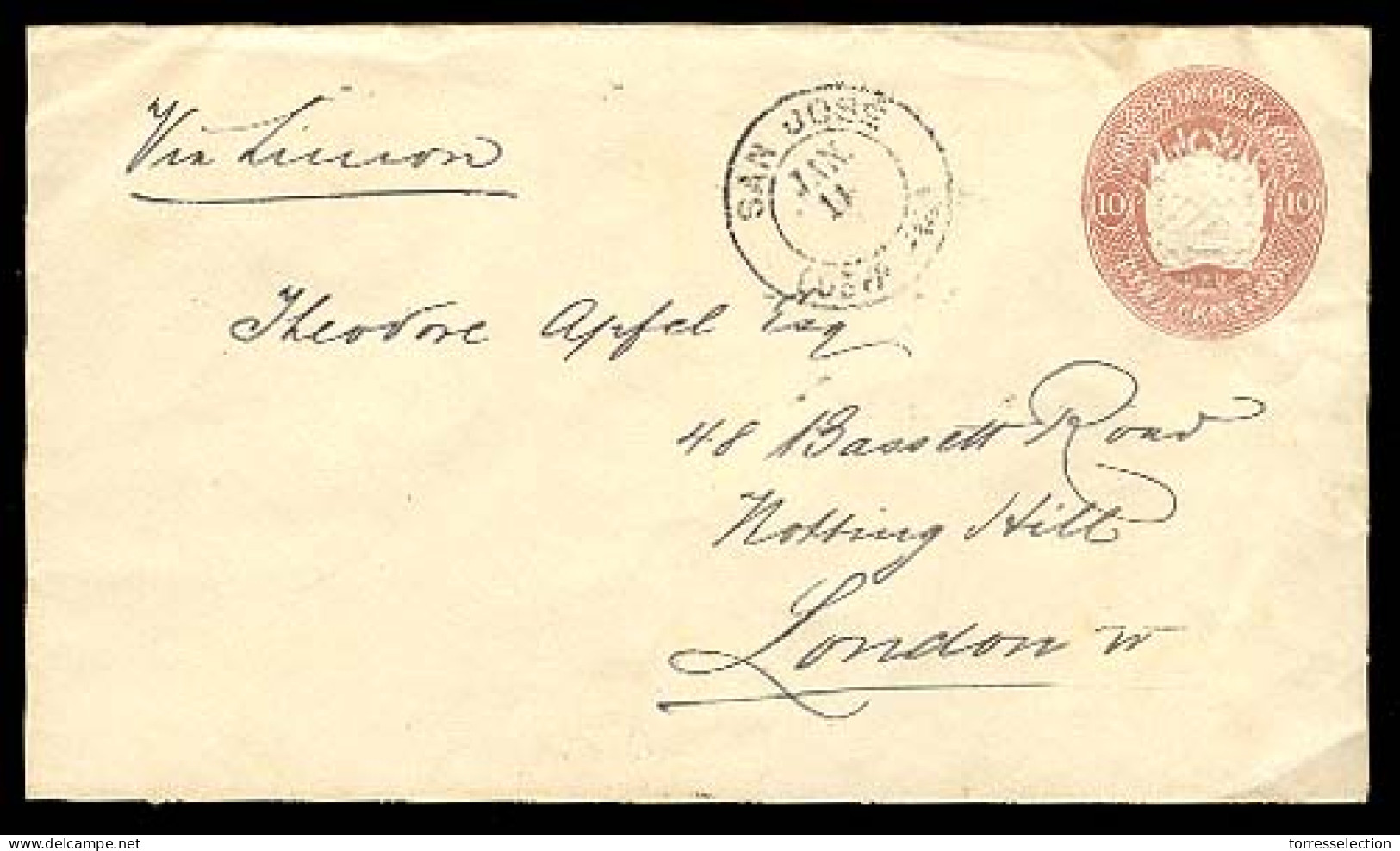 COSTA RICA. 1892. S. Jose / UK. 10c. Stat Env / Via Limon. VF. - Costa Rica