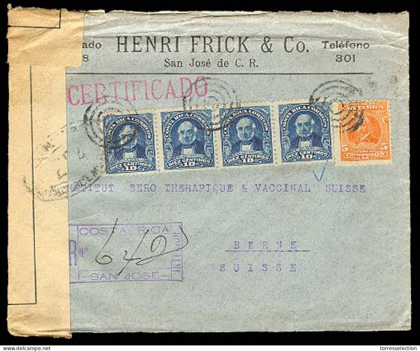 COSTA RICA. 1919. S. Jose / Switzerland. Registered Multicolor Frnkd (x5 Stamps) Env. Censored. VF. - Costa Rica