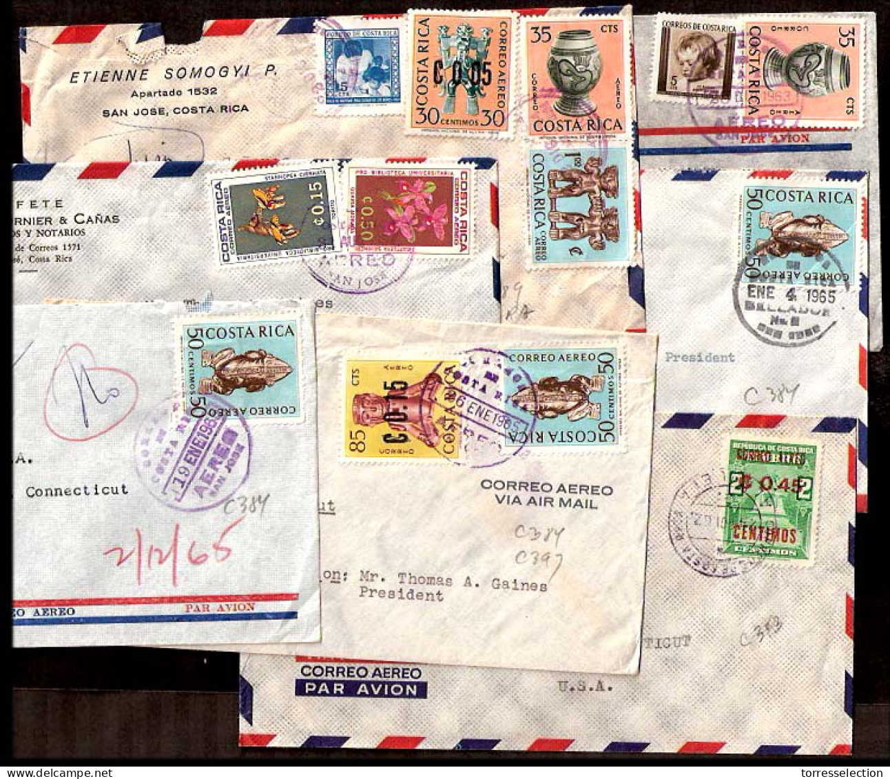 COSTA RICA. XX. 7 Covers / To USA. Incl One Registered. - Costa Rica