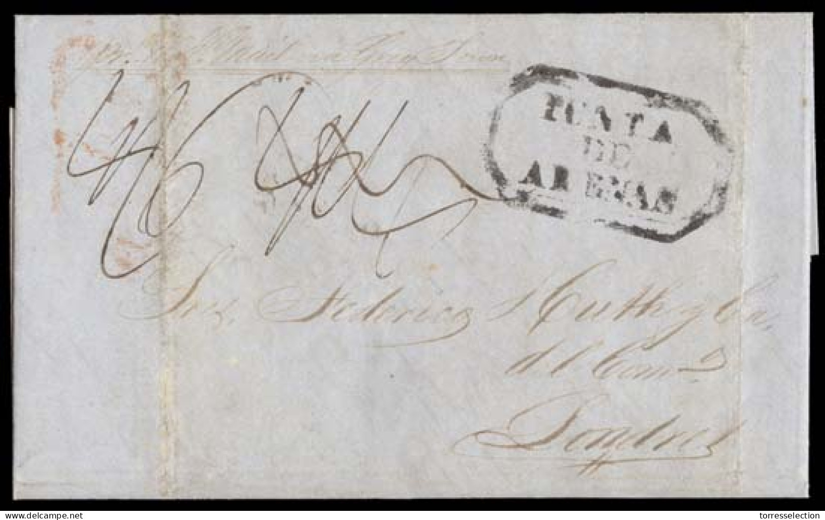 COSTA RICA. 1850. EL To London Endorsed "pr WI Mail Via Grey Town" With Good Strike Of The Framed PUNTA / DE / ARENAS Ma - Costa Rica