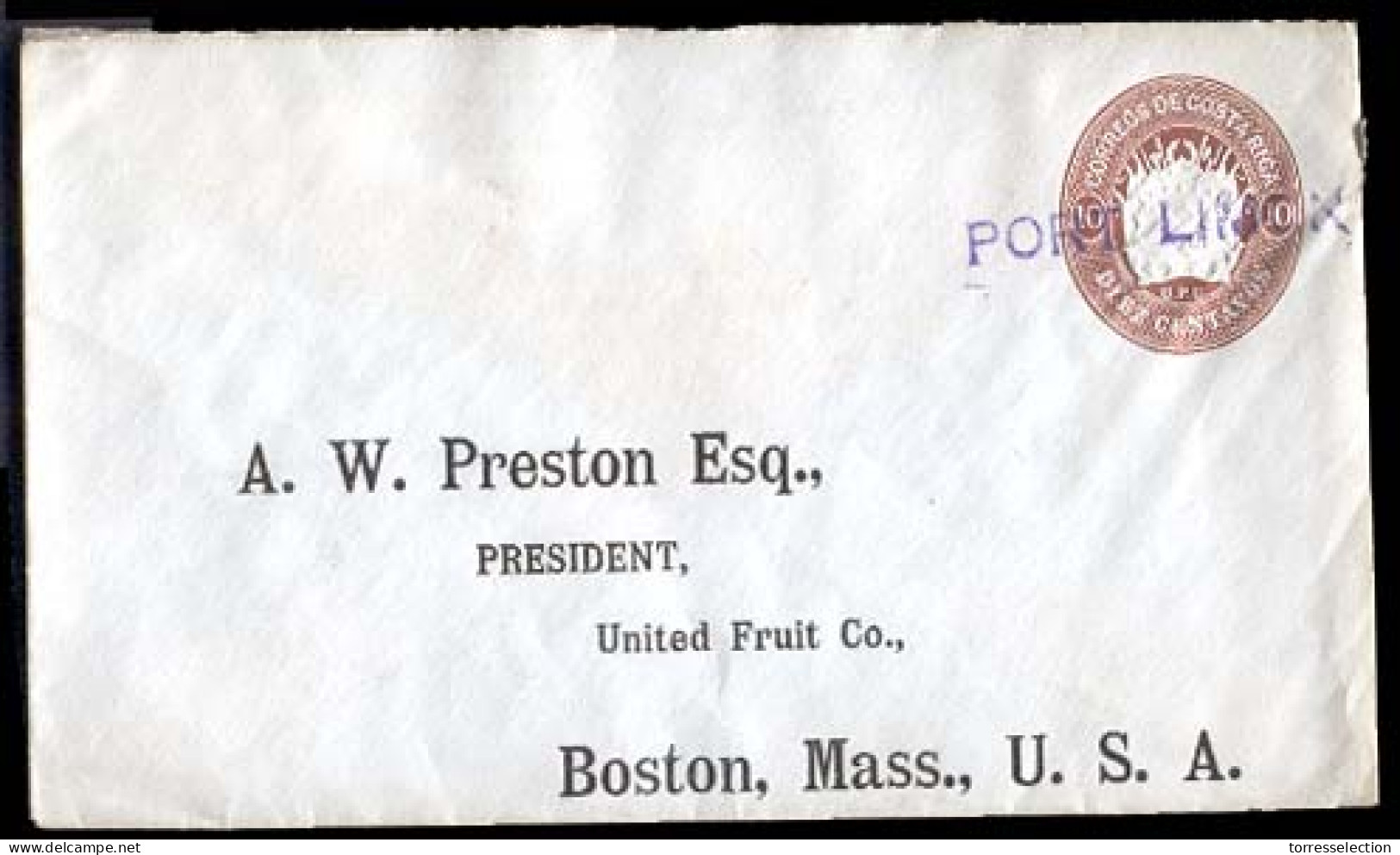 COSTA RICA. C.1910. Port Limon To USA / Boston. 10c. Brown Stat Env.with Violet Straightline Cachet "PORT LIMON" (xxx /  - Costa Rica