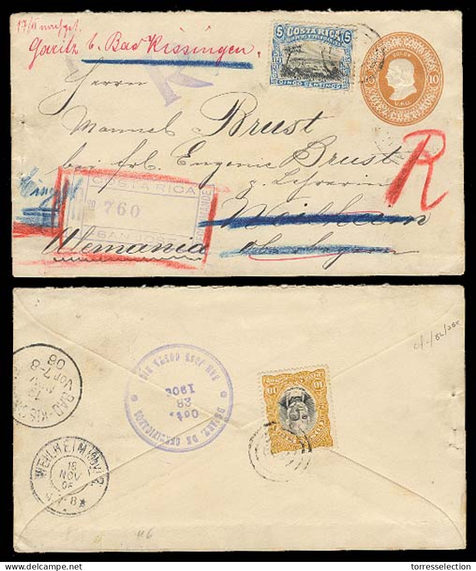 COSTA RICA. 1906. S. Jose - Germany. Registered 10c Stat Env + 2 Adtls. VF. - Costa Rica