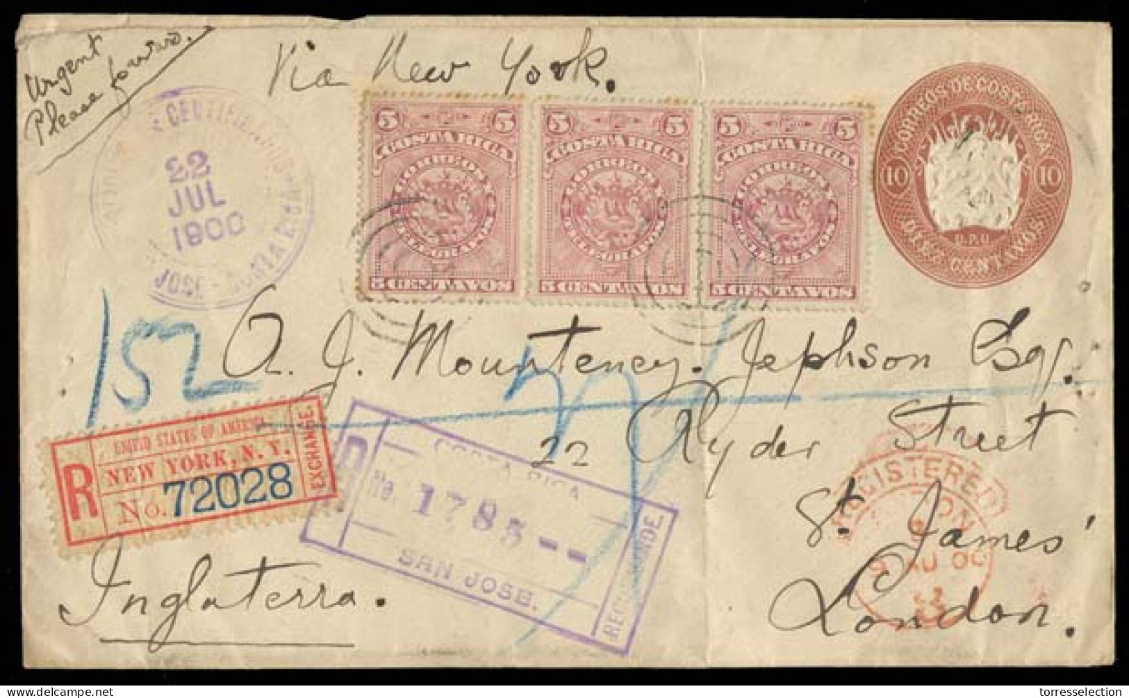 COSTA RICA. 1900. S. Jose - UK. Registered 10c Stat Env + 5c (x3) Adtl, Strip Of Three. Proper Transits. Scarce Exhibiti - Costa Rica