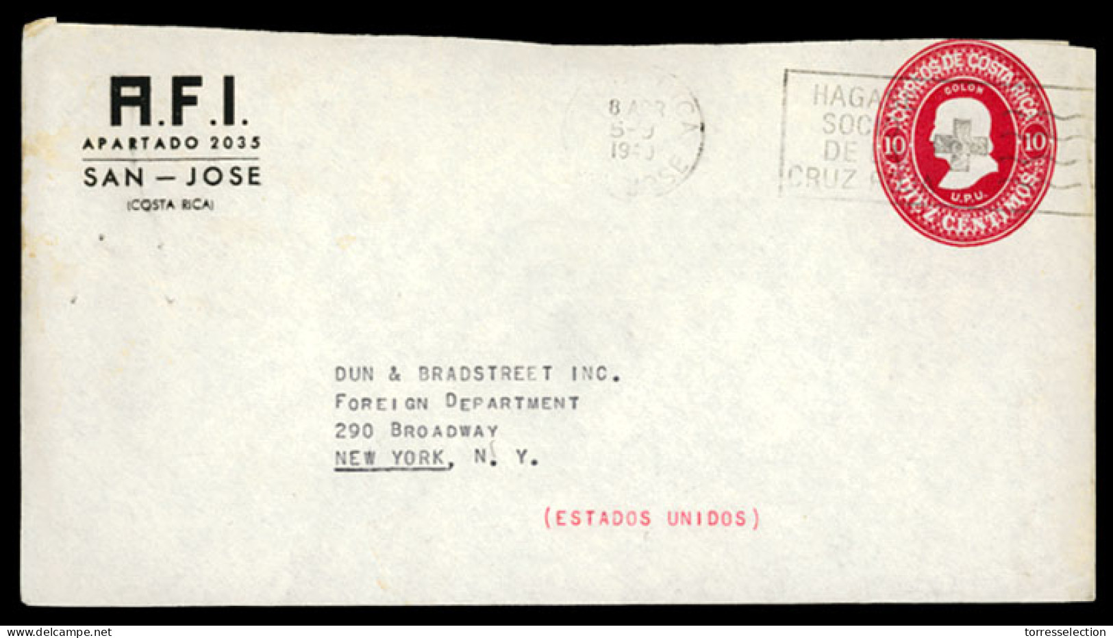 COSTA RICA. 1940. Diff.private Print. Red Cross. WWII To New York. Stationery Envelope. Fine. - Costa Rica