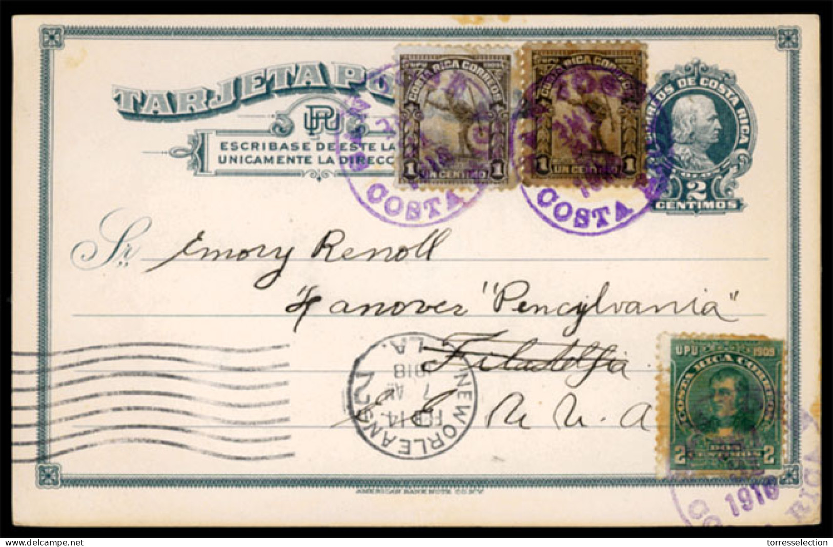 COSTA RICA. 1918. 2cts.stationery Card To USA + Adtl. San Jose. VF. - Costa Rica