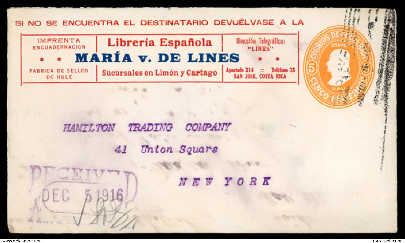 COSTA RICA. 1916. Stationery Envelope. Private Printing 3 Inks!. Rare Plus Used. F-VF. - Costa Rica