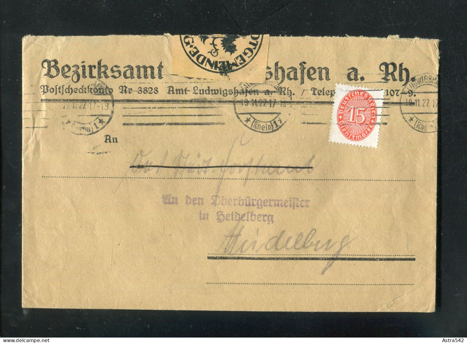 "DEUTSCHES REICH" 1927, Dienstmarke Mi. 118 EF Auf Dienstbrief Ex Bezirksamt Ludwigshafen Nach Heidelberg (A0089) - Dienstzegels