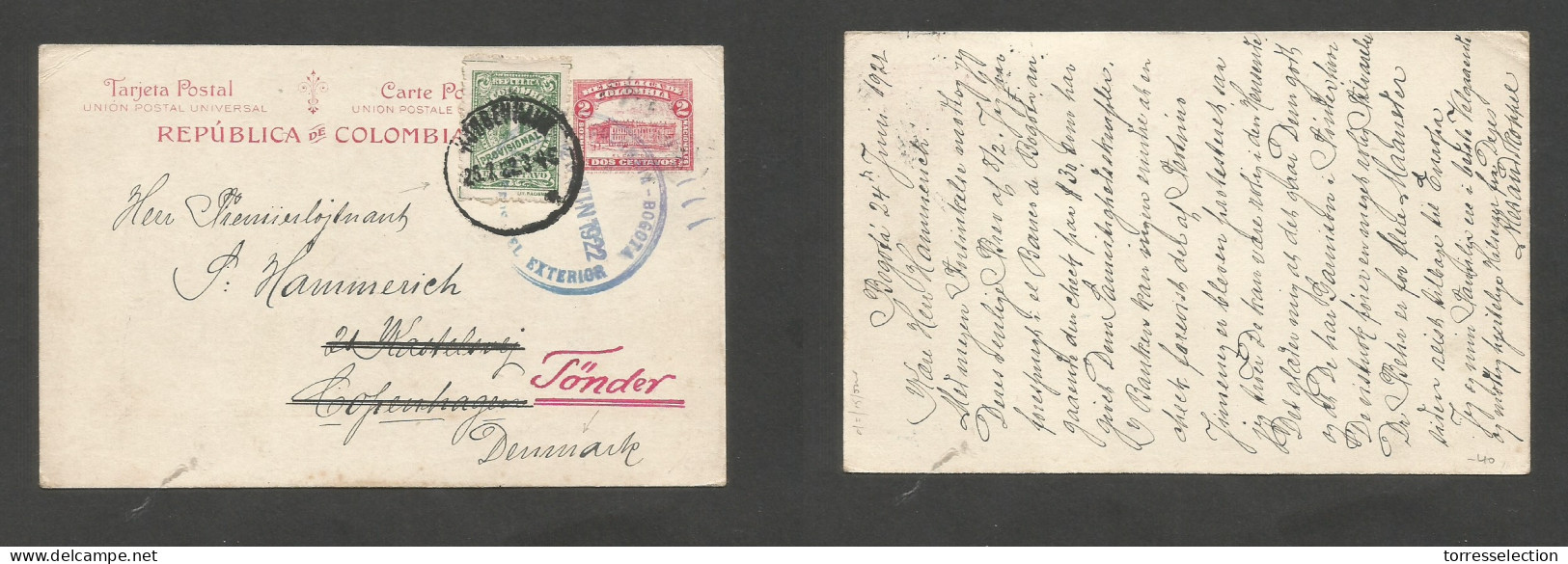 COLOMBIA. 1922 (June 24) Bogota - Denmark, Tonder (25 July) 2c Red Stat Card + Adtl, Tied Depart Cds + Danish PO Dest +. - Kolumbien