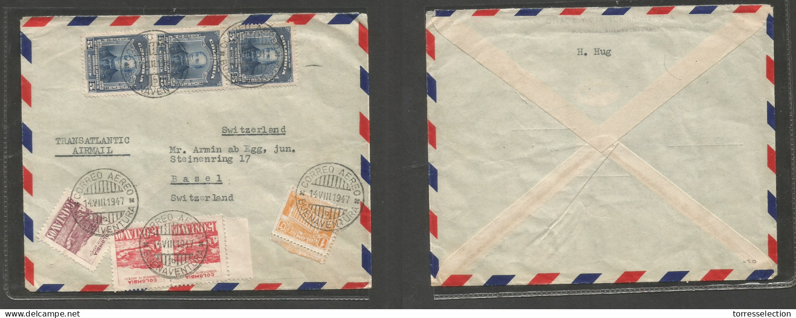 COLOMBIA. 1947 (14 Aug) Buenaventura - Switzerland, Basel. Air Transatlantic Multifkd Env. Mixed Issues, Tied Cds. VF. - Kolumbien