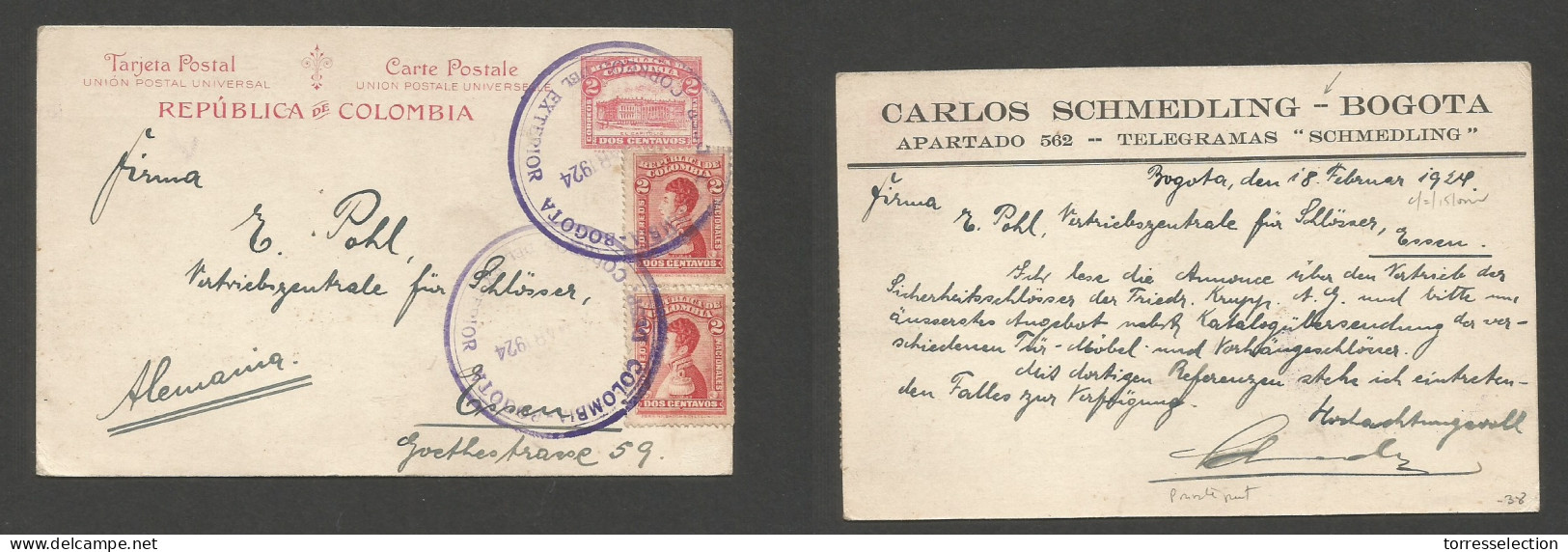 COLOMBIA. 1924 (18 Febr) Bogota - Germany, Essen. 2c Red Stat Card + 2 Adtls, Tied Large Violet Cachet Ds. Fine. - Kolumbien