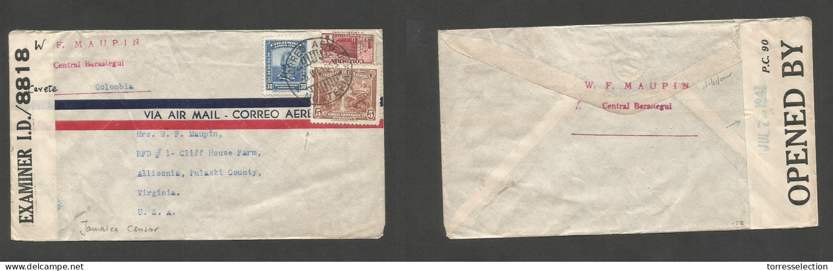 COLOMBIA. 1943 (16 July) Cerete, Monteria - USA, Va. Allisonia. Air Multifkd Jamaica Censored Envelope. Central Berasteg - Kolumbien