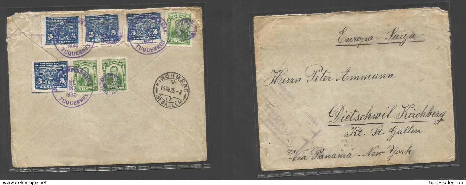 COLOMBIA. 1925 (10 July) Tuquerres - Switzerland, Kirchberg (14 Aug) Reverse Registered Multifkd Env. Fine Usage. Scarce - Kolumbien