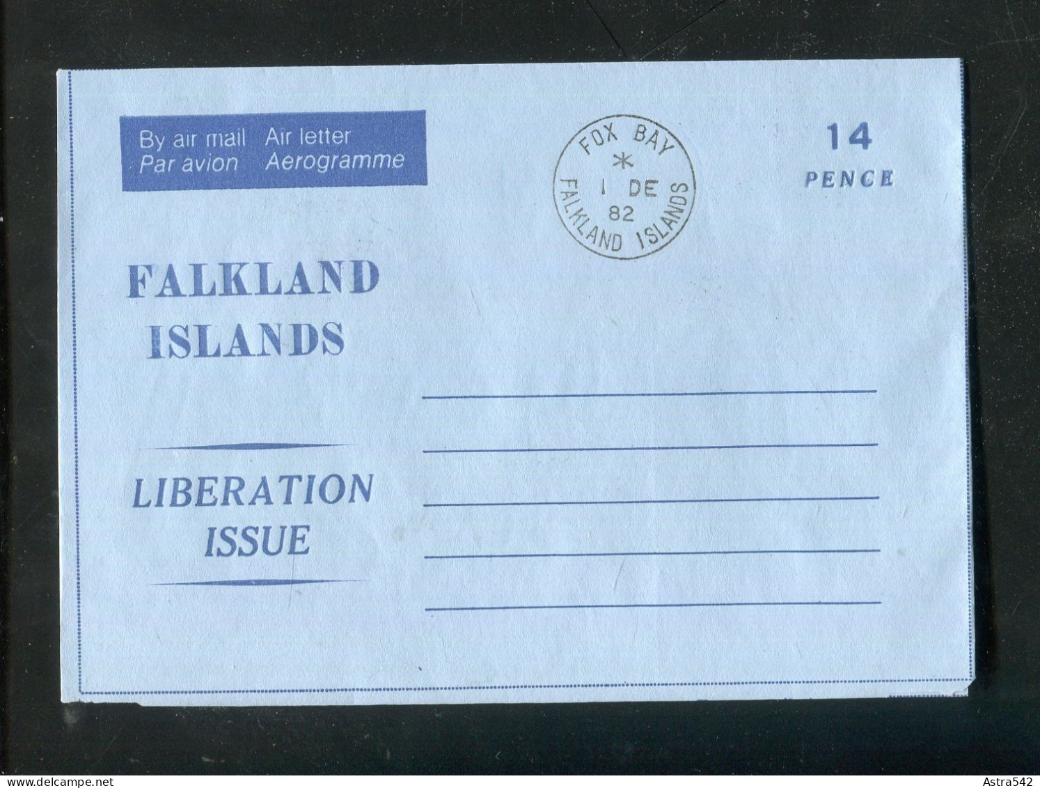 "FALKLANDINSELN" 1982, Aerogramm Einkreisstempel "FOX BAY" (A0096) - Falkland