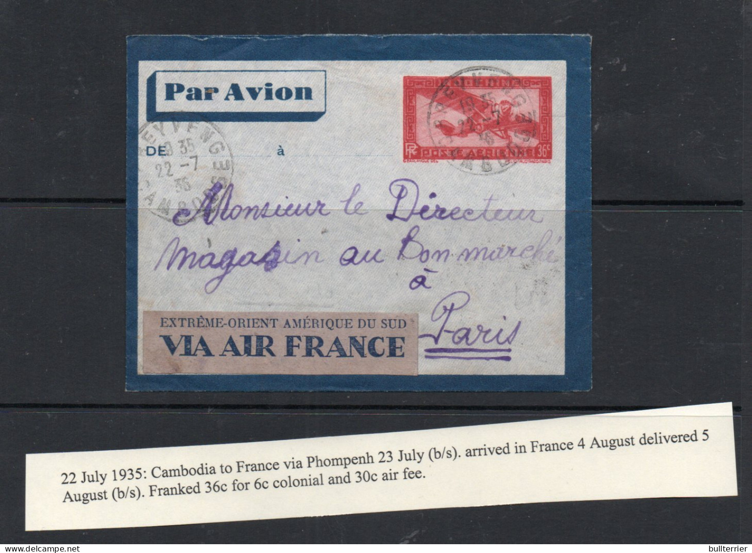 INDO CHINA  - 1935 - AIR FRANCE  CAMBODIA TO FRANCE  WITH BACKSTAMP - Poste Aérienne