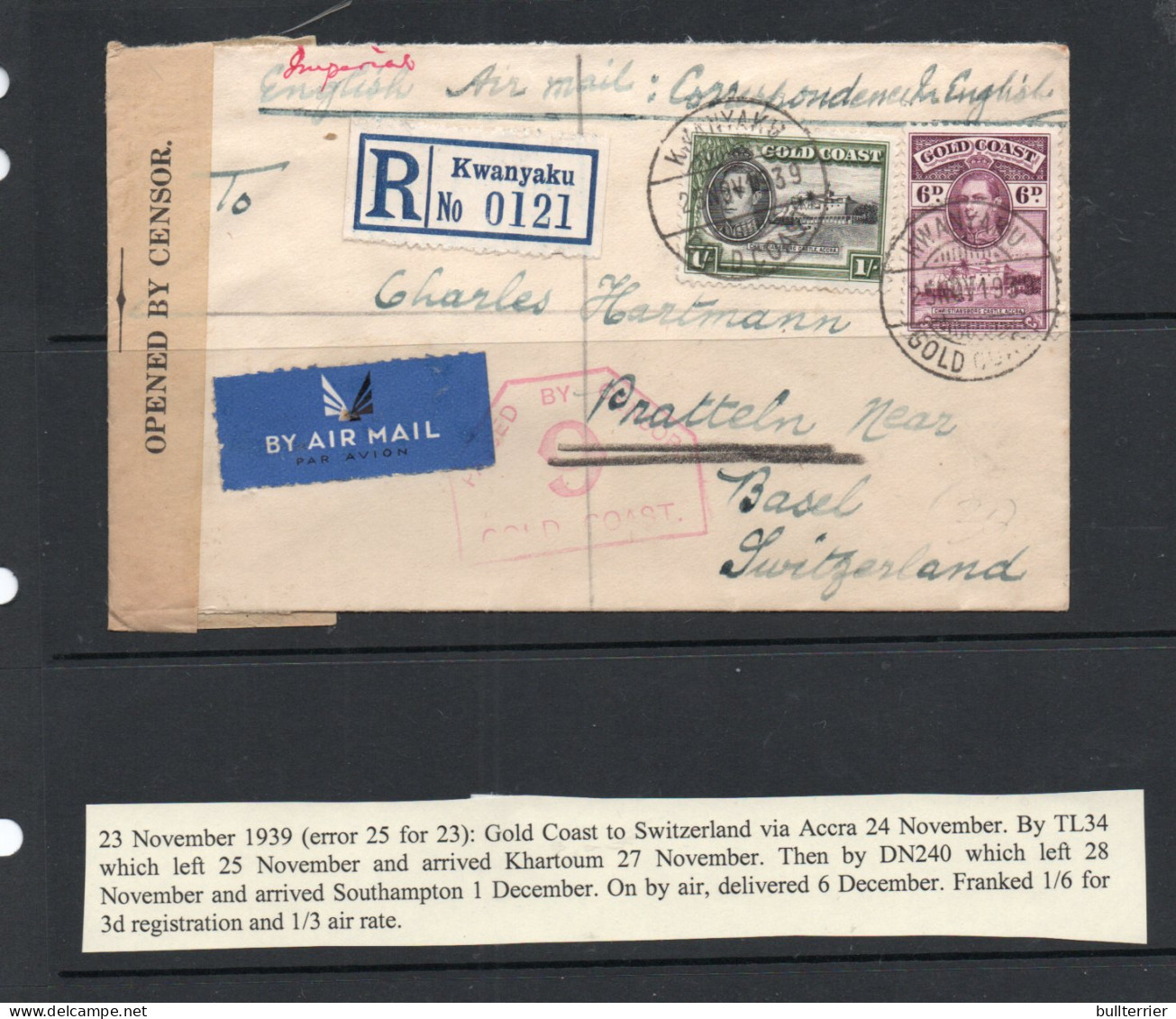 GOLD COAST - 1939-  REGISTED COVER KWANYAKU T0 SWITZERLAND CENSORED  WITH BACKSTAMP - Côte D'Or (...-1957)