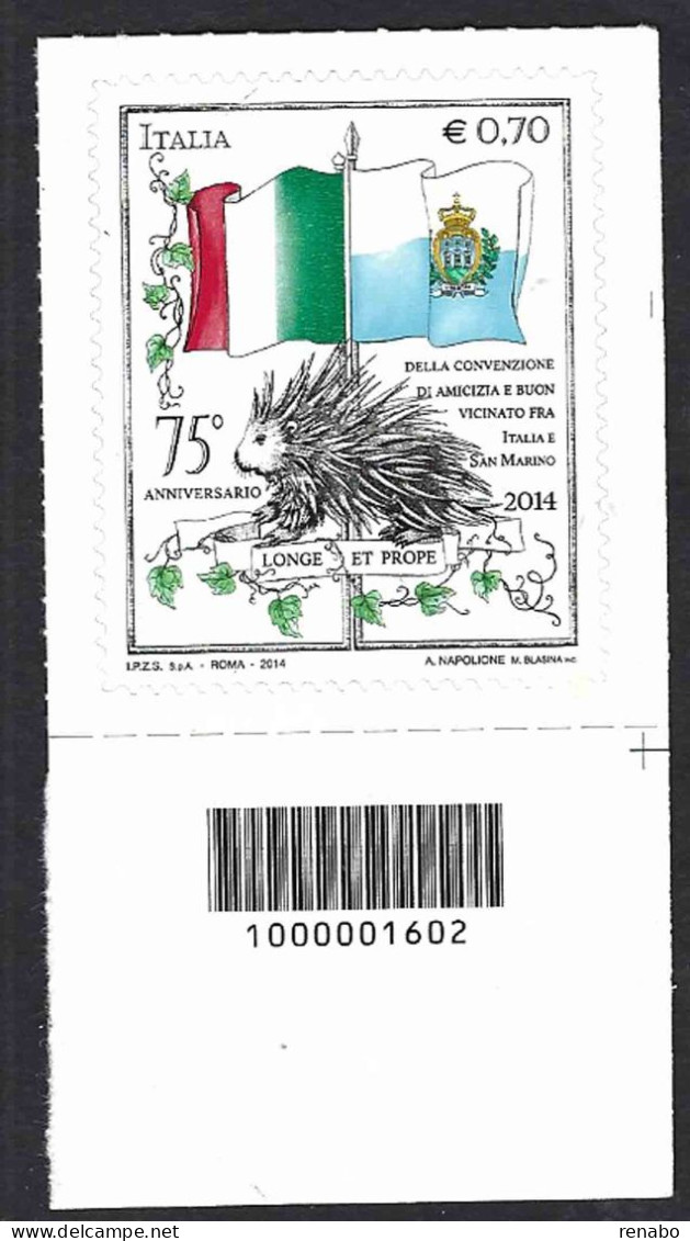 Italia 2014; 75 Anni Convenzione Tra L'Italia E San Marino: Francobollo A Barre. - Bar Codes