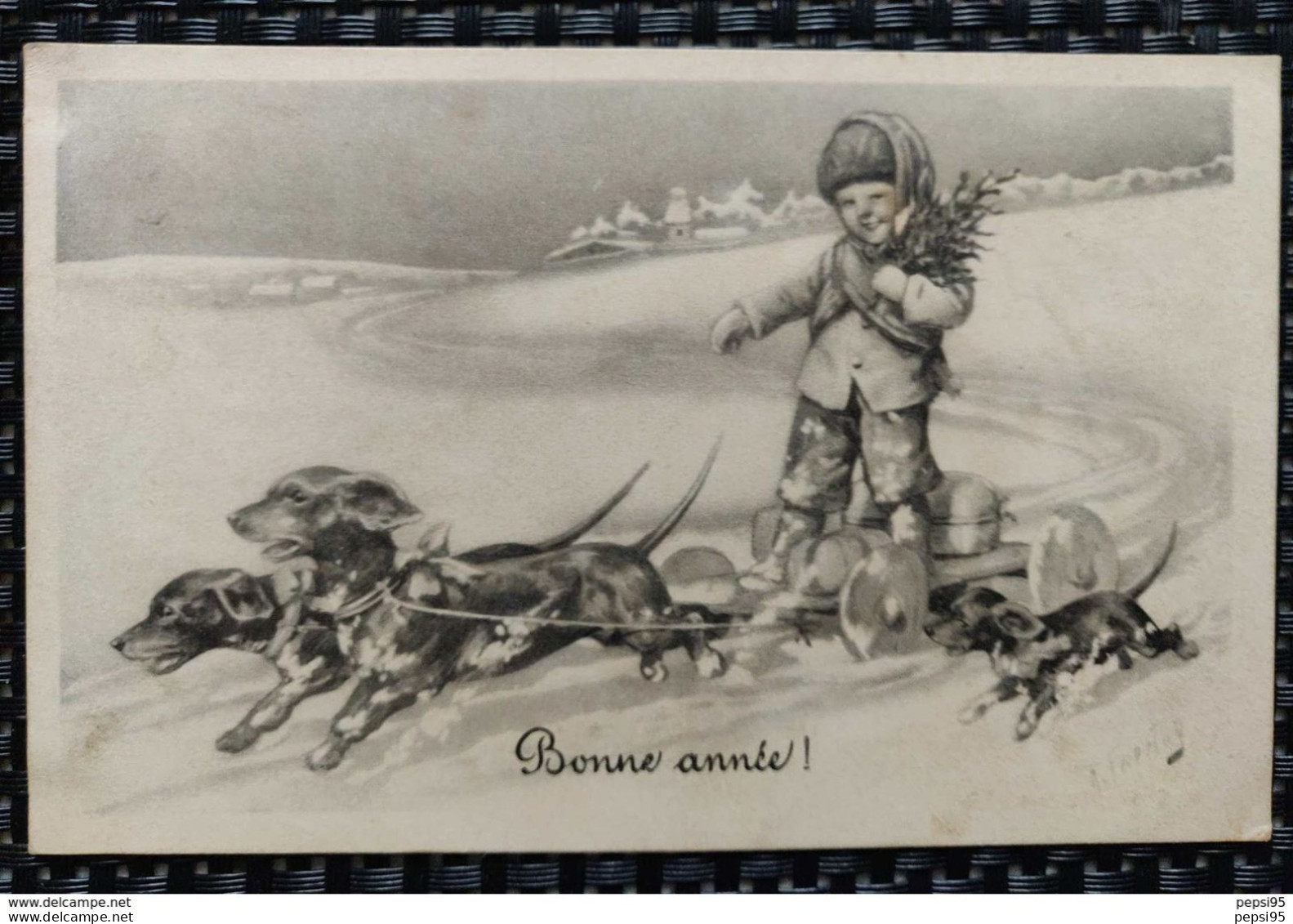 Illustrateur - Carte Bonne Année - Carte Viennoise, Dessin Au Crayon, De Karl Feiertag [enfant Luge Chiens] (B. K. W. I. - Feiertag, Karl