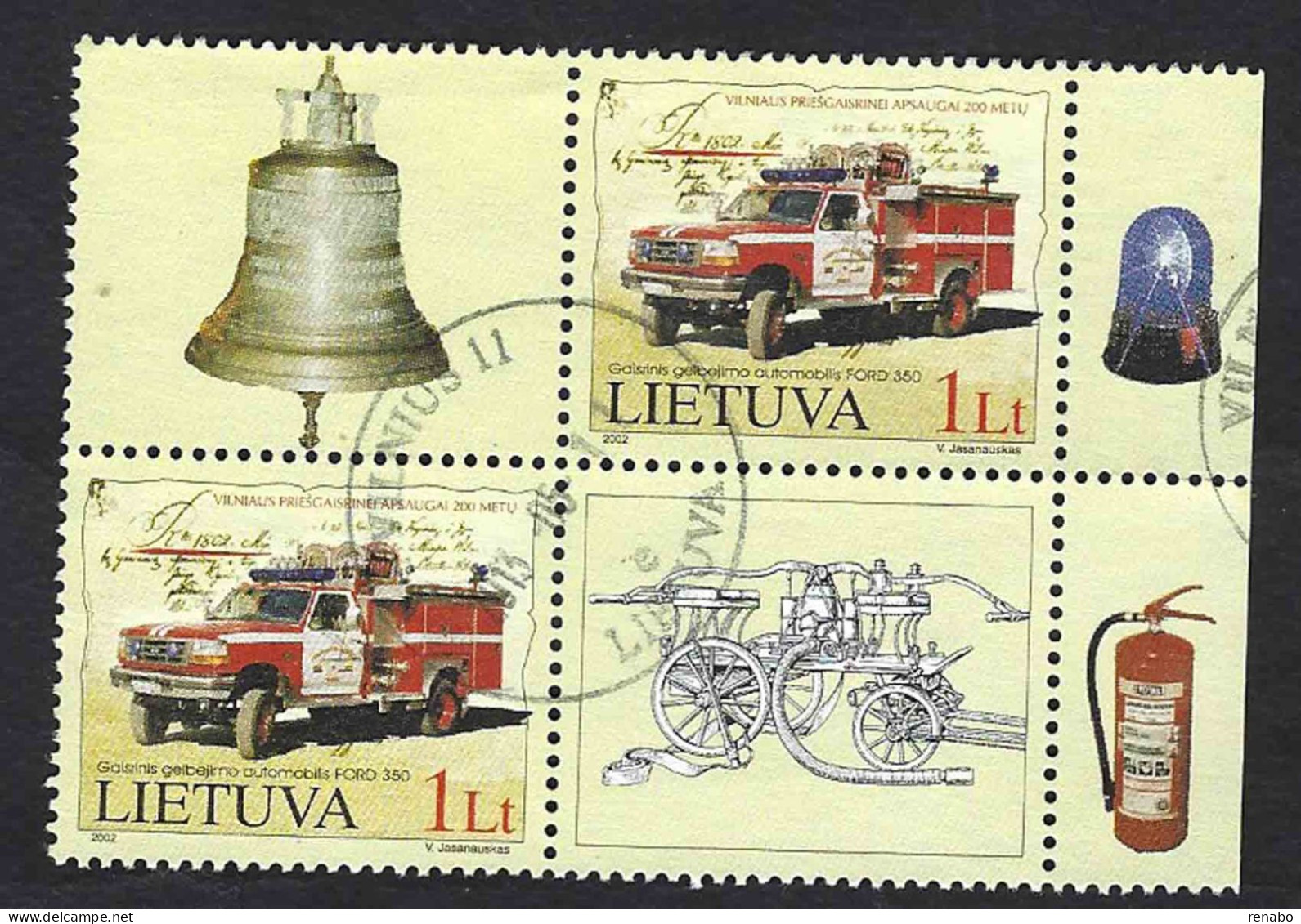 Lietuva Lithuania Litauen 2002; Fire Engines, Veicoli Dei Pompieri: Border Quatrain With 2 Rare Appendices. Used. - Sapeurs-Pompiers