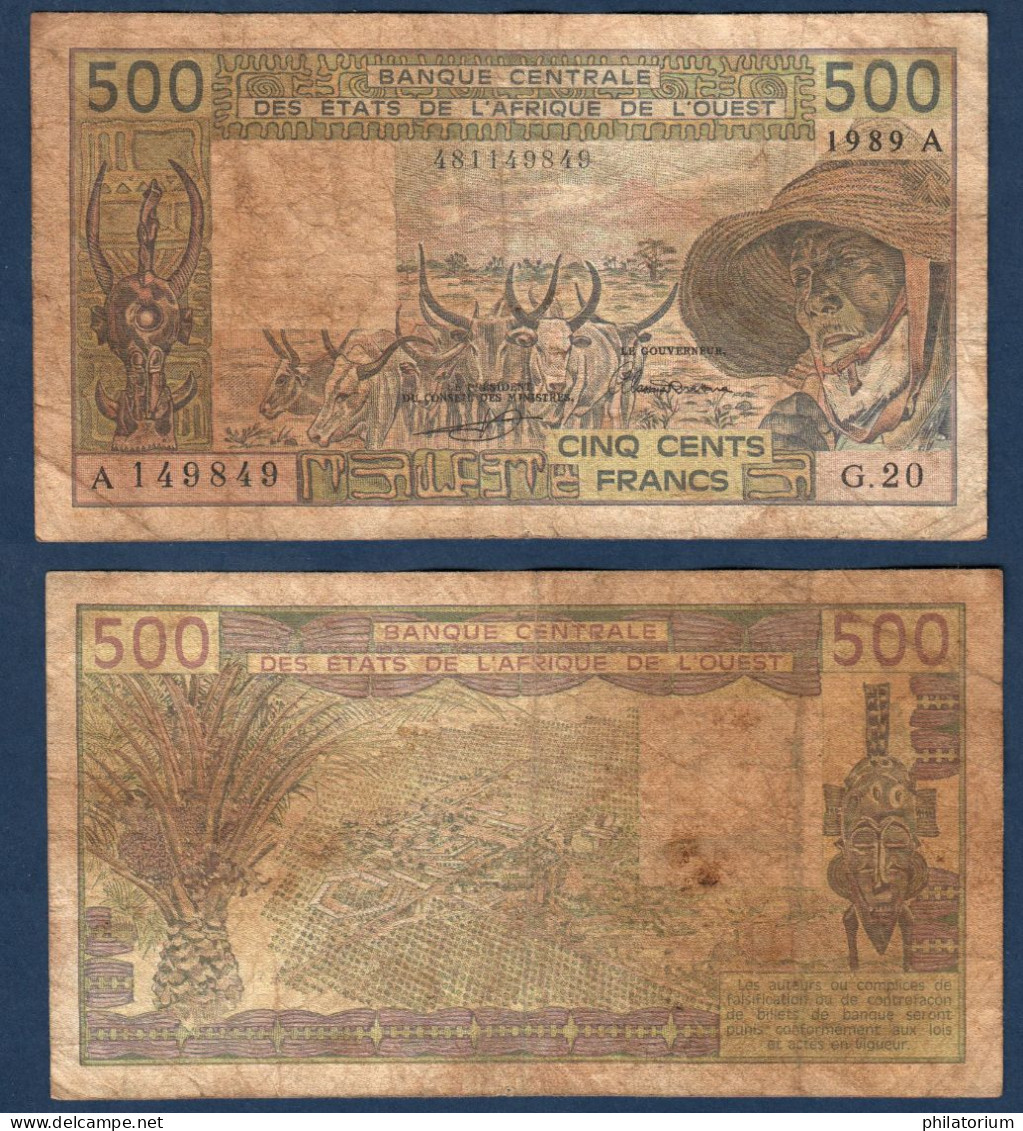 500 Francs CFA, 1989 A, Cote D' Ivoire, G.20, A 149849, Oberthur, P#_06, Banque Centrale États De L'Afrique De L'Ouest - West-Afrikaanse Staten