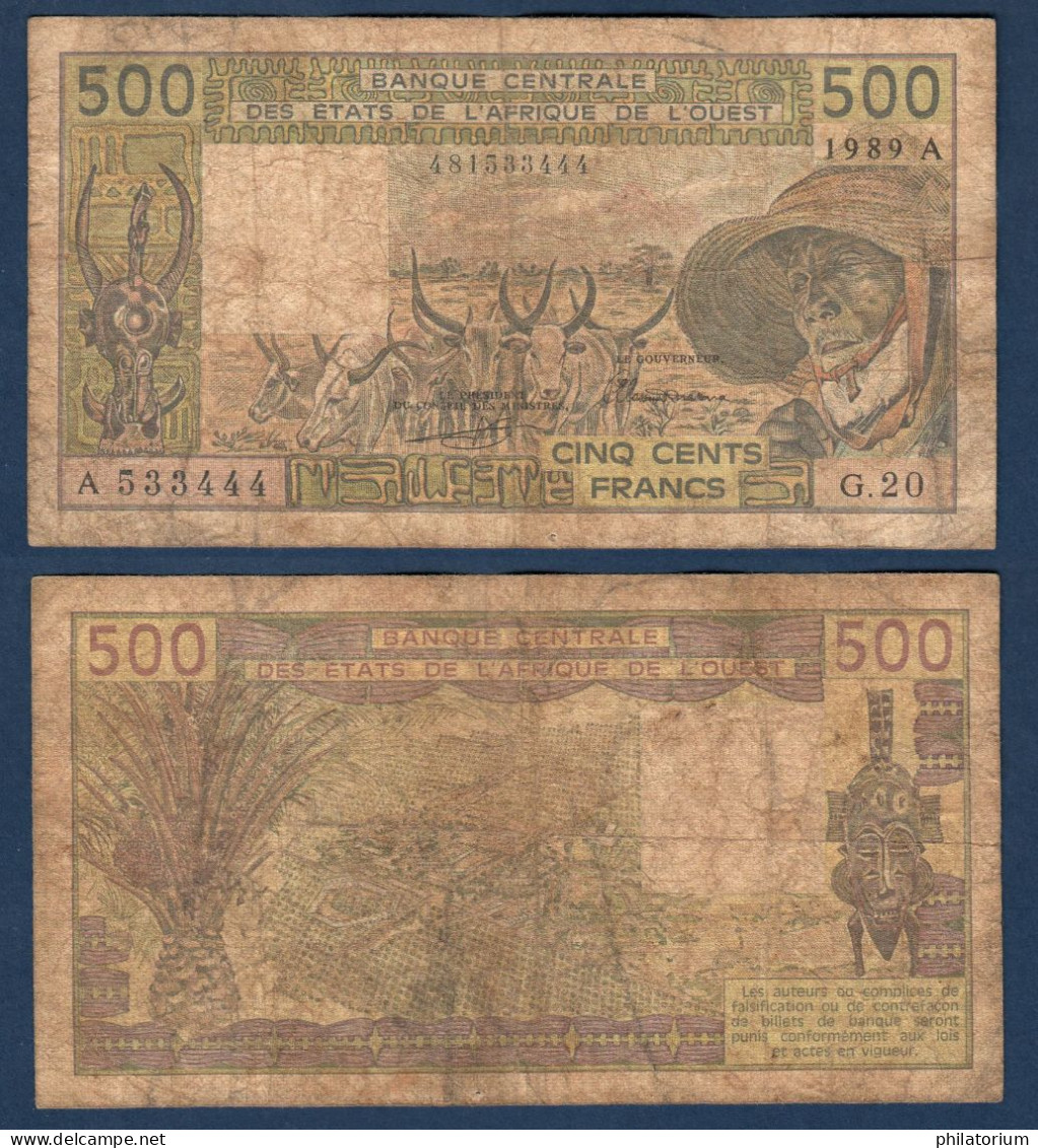 500 Francs CFA, 1989 A, Cote D' Ivoire, G.20, A 533444, Oberthur, P#_06, Banque Centrale États De L'Afrique De L'Ouest - États D'Afrique De L'Ouest