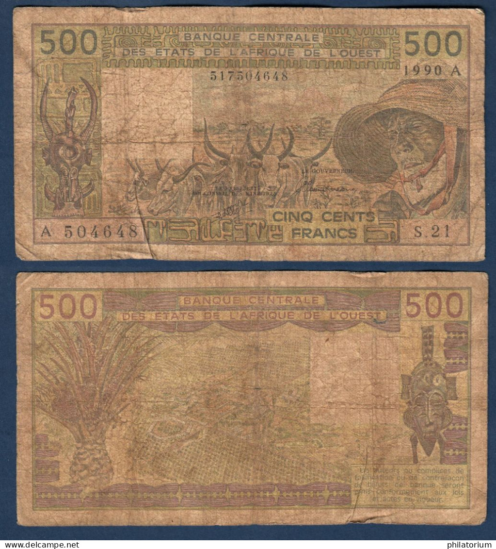 500 Francs CFA, 1990 A, Côte D' Ivoire, S.21, A 504648, Oberthur, P#_06, Banque Centrale États De L'Afrique De L'Ouest - West-Afrikaanse Staten