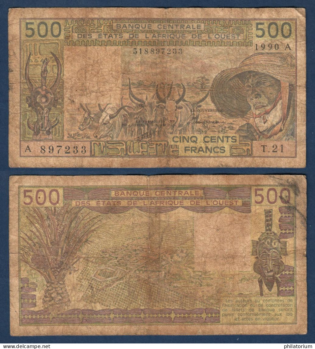 500 Francs CFA, 1990 A, Côte D' Ivoire, T.21, A 897233, Oberthur, P#_06, Banque Centrale États De L'Afrique De L'Ouest - Estados De Africa Occidental