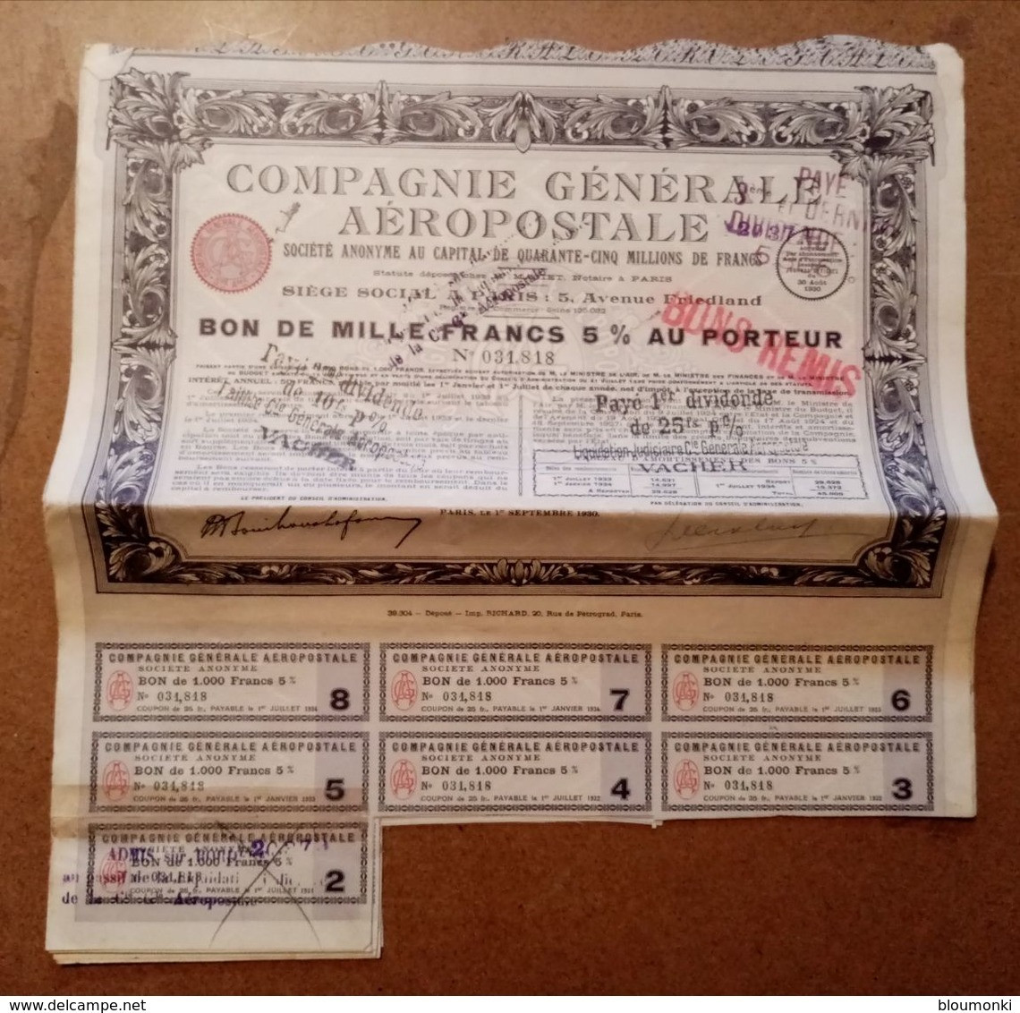 AEROPOSTALE-Compagnie Générale-- Bon De Mille Francs 5% Au Porteur 1930 - Aviación