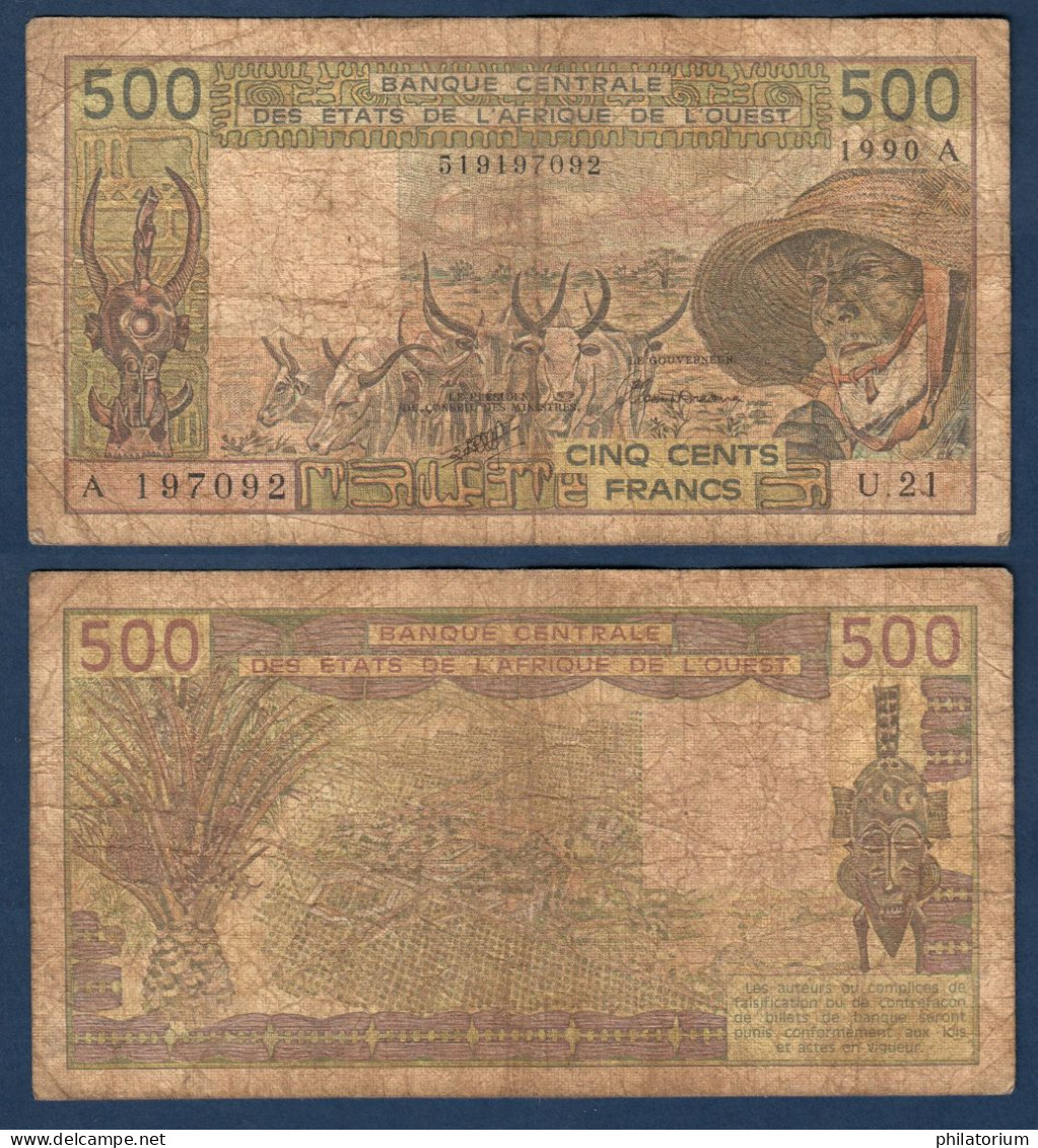 500 Francs CFA, 1990 A, Côte D' Ivoire, U.21, A 197092, Oberthur, P#_06, Banque Centrale États De L'Afrique De L'Ouest - West African States