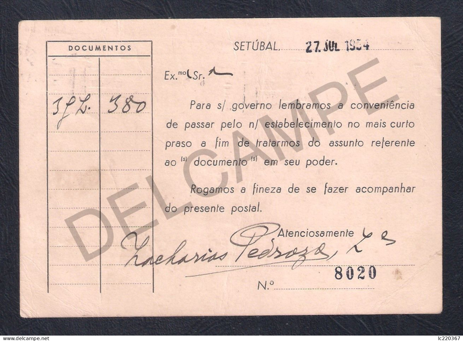 POSTCARD BILHETE POSTAL PORTUGAL SETUBAL AVISO DE COBRANÇA DA FIRMA ZACHARIAS PEDROSO LDA. - CIRCULADO 1954 - Setúbal