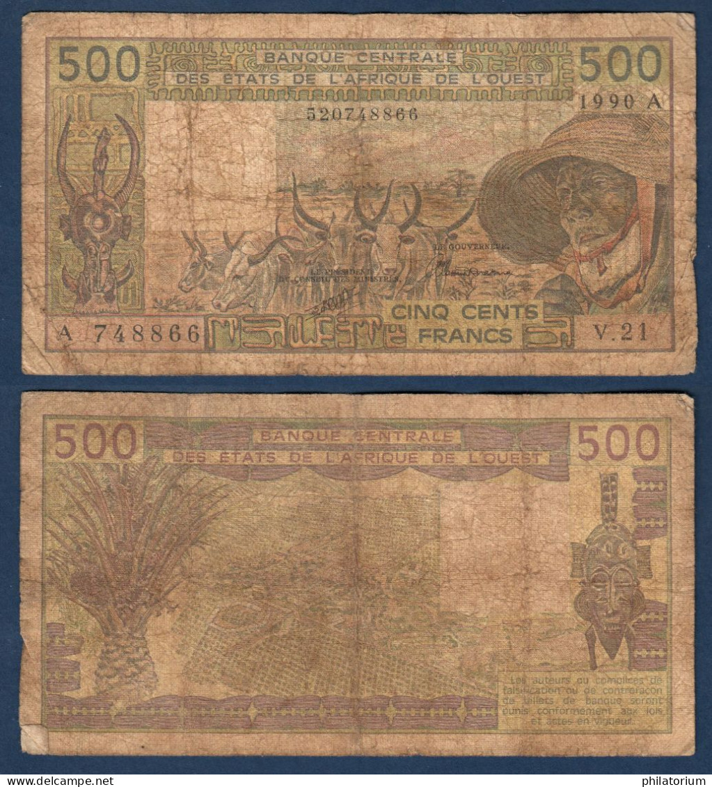 500 Francs CFA, 1990 A, Côte D' Ivoire, V.21, A 748866, Oberthur, P#_06, Banque Centrale États De L'Afrique De L'Ouest - Estados De Africa Occidental