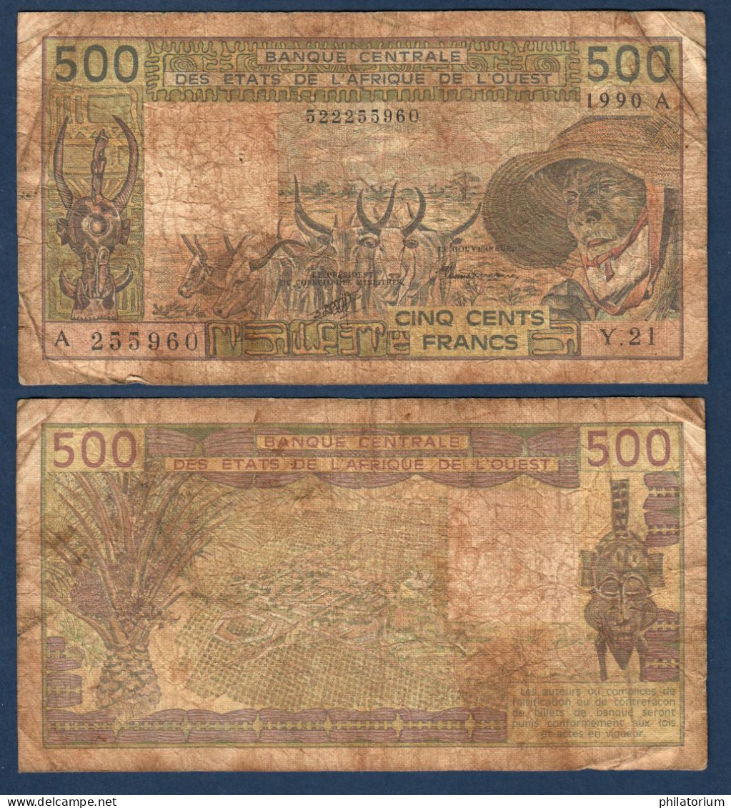 500 Francs CFA, 1990 A, Côte D' Ivoire, Y.21, A 255960, Oberthur, P#_06, Banque Centrale États De L'Afrique De L'Ouest - West-Afrikaanse Staten