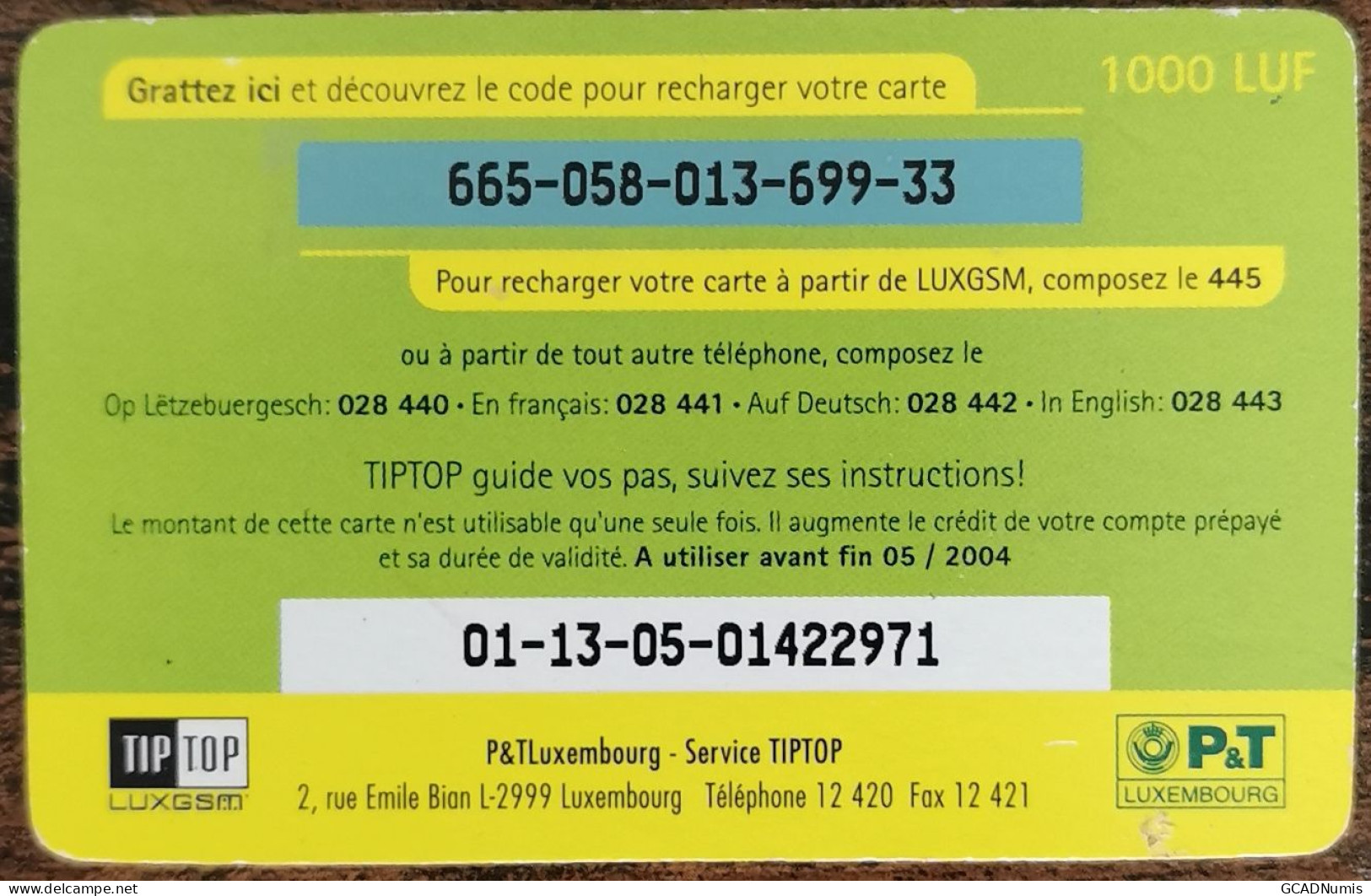 Carte De Recharge - Tiptop 1000 LUF - Mobil Luxembourg  ~31 - Lussemburgo
