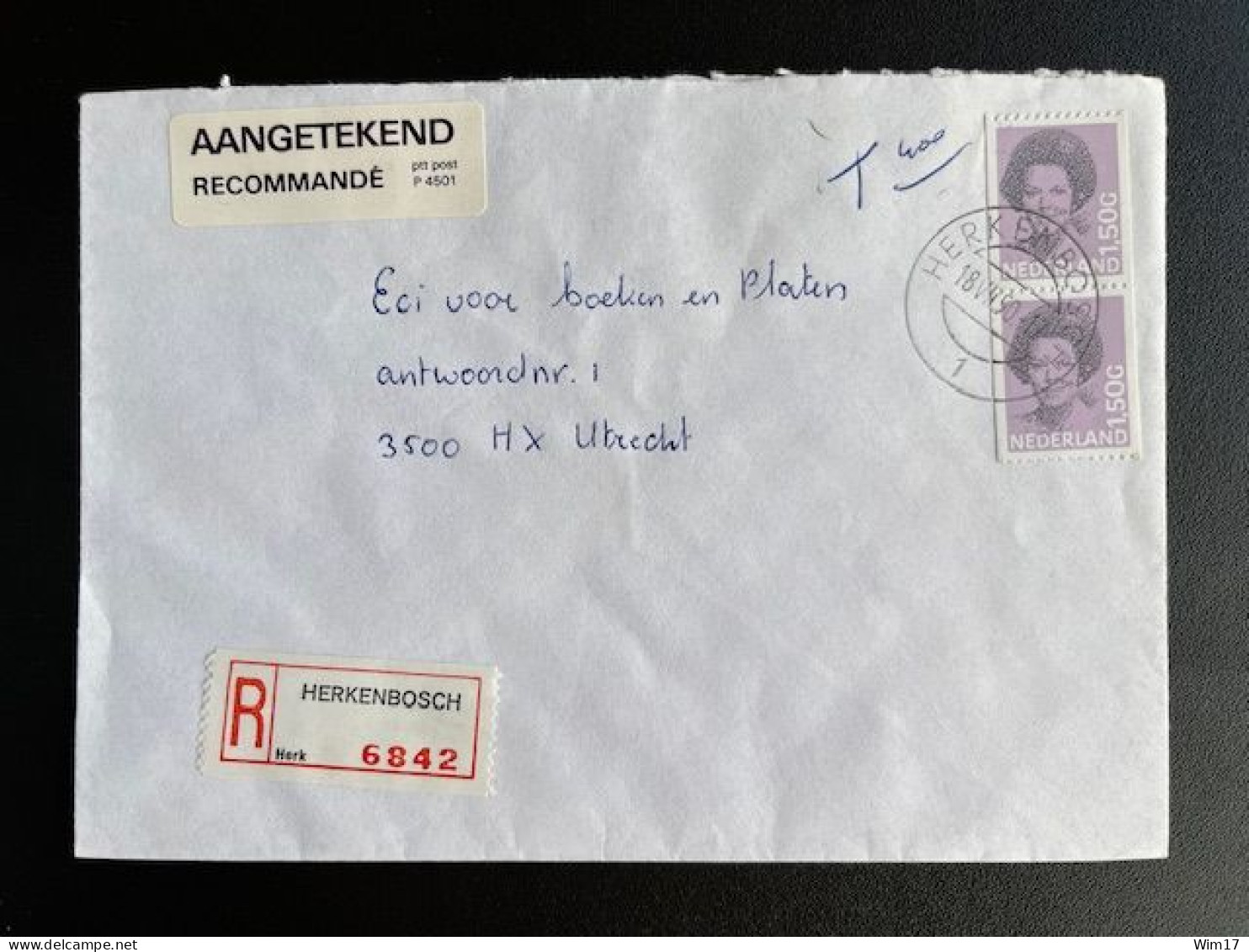 NETHERLANDS 1990 REGISTERED LETTER HERKENBOSCH TO UTRECHT 18-07-1990 NEDERLAND AANGETEKEND - Lettres & Documents