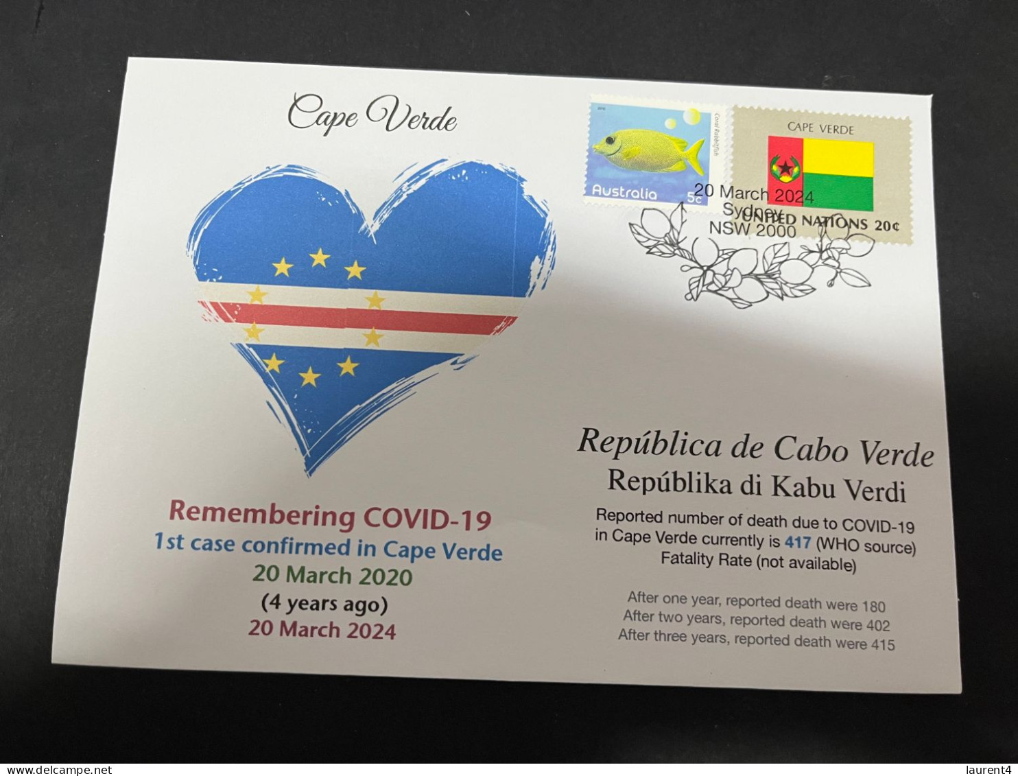 20-3-2024 (3 Y 32) COVID-19 4th Anniversary - Cape Verde - 20 March 2024 (with Cabo Verde [previous] UN Flag Stamp) - Ziekte