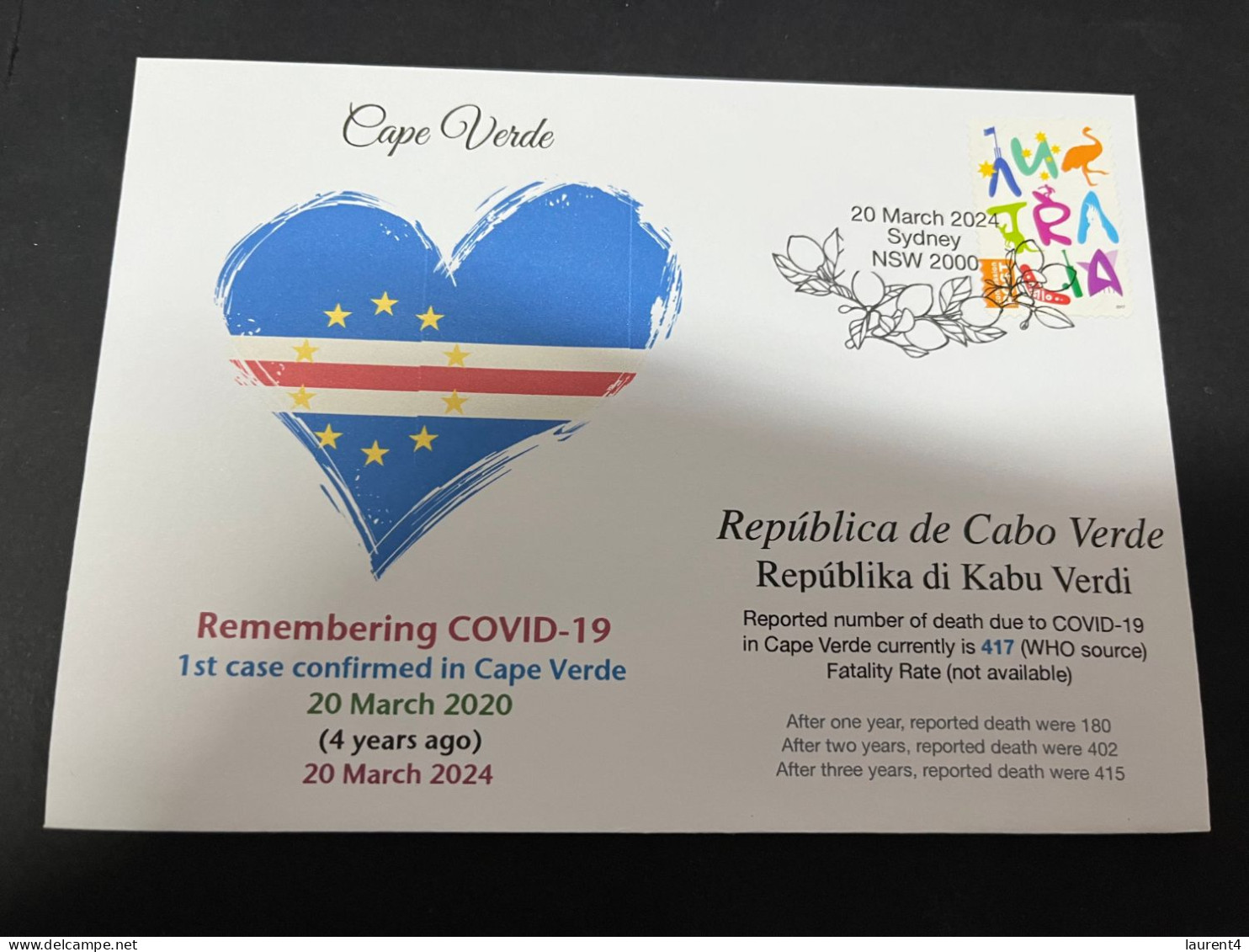 20-3-2024 (3 Y 32) COVID-19 4th Anniversary - Cape Verde - 20 March 2024 (with OZ Stamp) - Ziekte