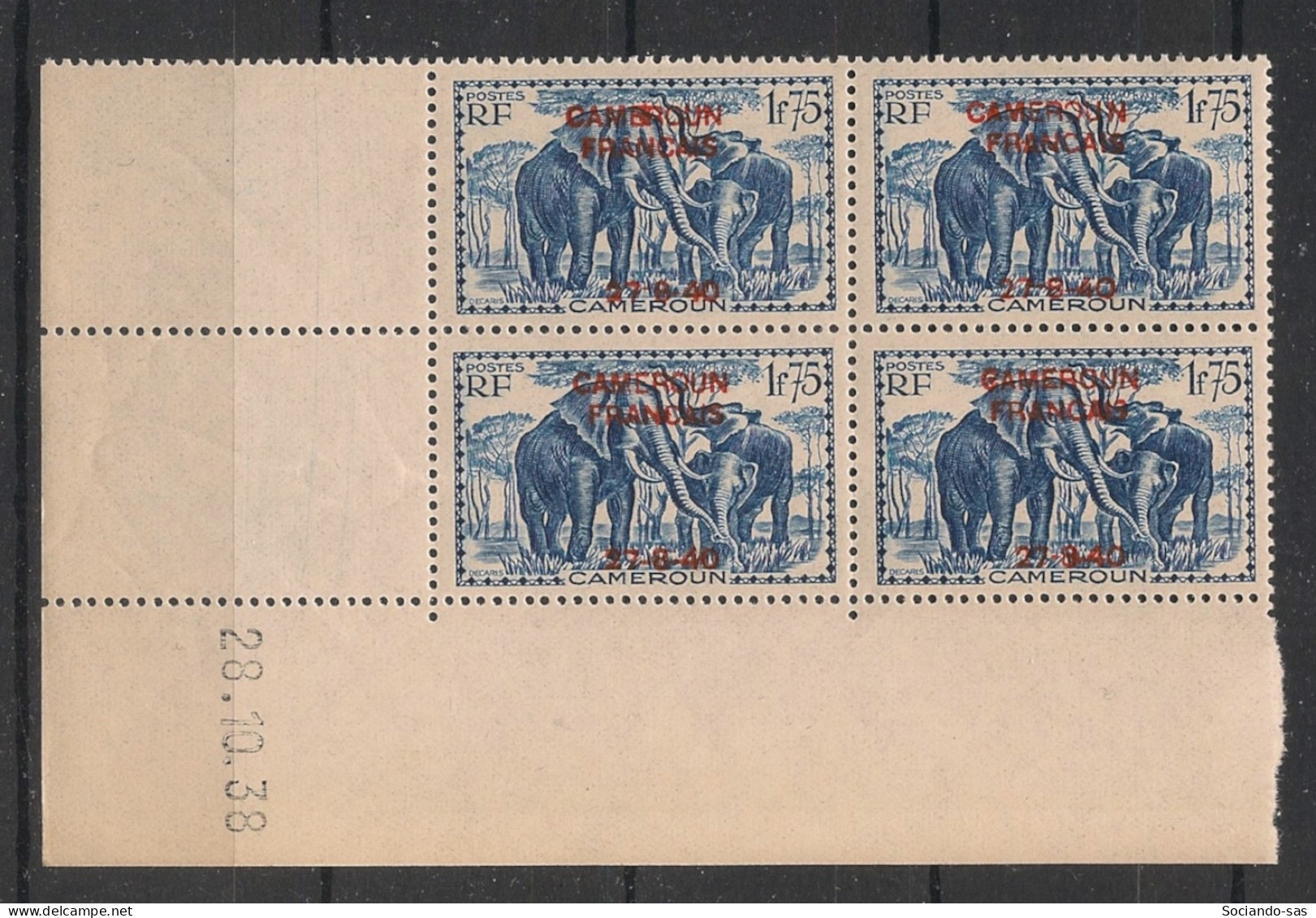 CAMEROUN - 1940 - N°YT. 227 - Eléphant 1f75 Bleu - Bloc De 4 Coin Daté - Neuf GC ** / MNH / Postfrisch - Neufs