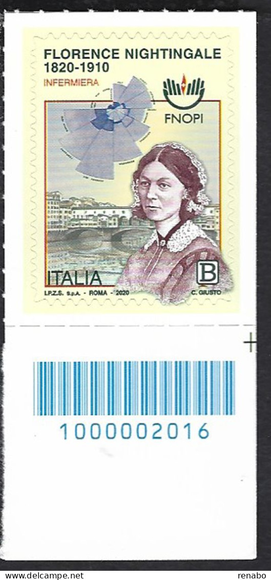 Italia 2020; Florence Nightingale, Fondatrice Dell'assistenza Infermieristica Moderna: Francobollo A Barre. - Code-barres