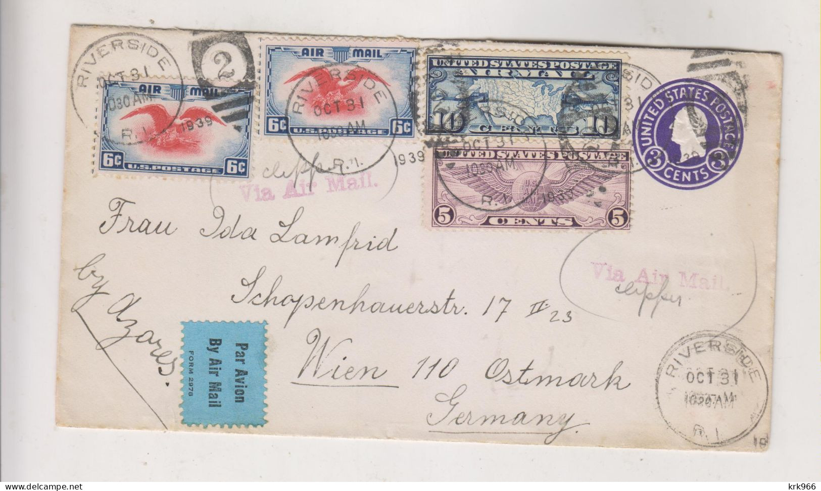 UNITED STATES 1940 RIVERSIDE Airmail Cover To AUSTRIA GERMANY - 1b. 1918-1940 Ongebruikt