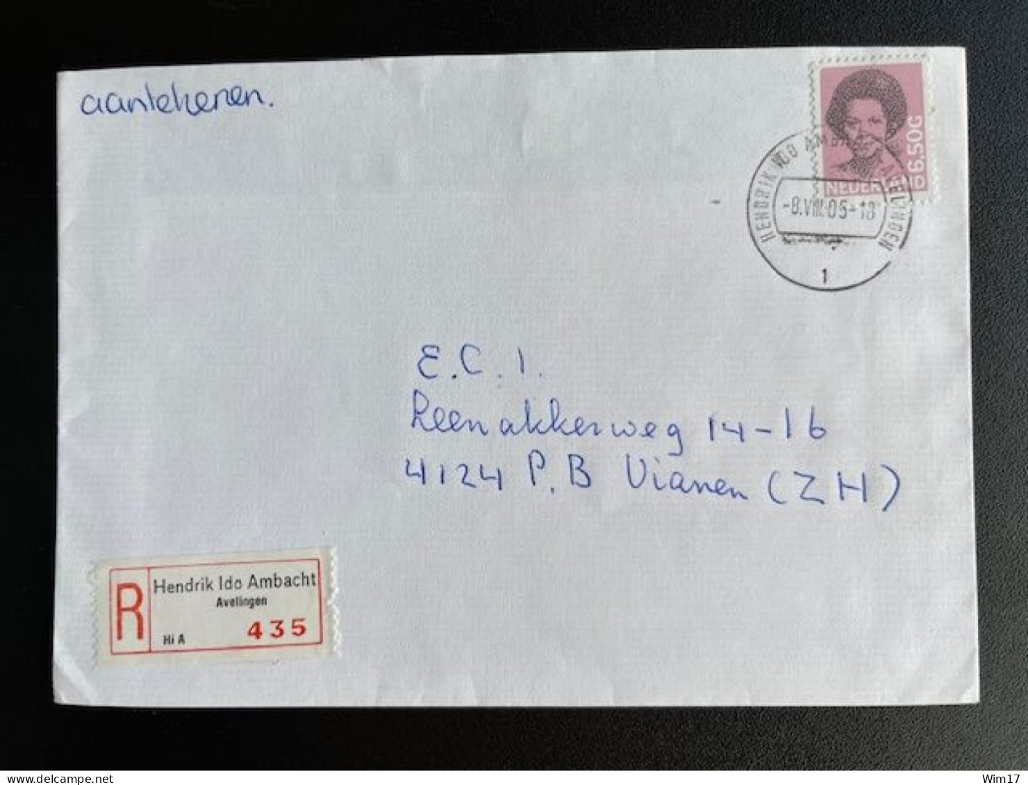 NETHERLANDS 1985 REGISTERED LETTER HENDRIK IDO AMBACHT AVELINGEN TO VIANEN 08-08-1985 NEDERLAND AANGETEKEND - Lettres & Documents