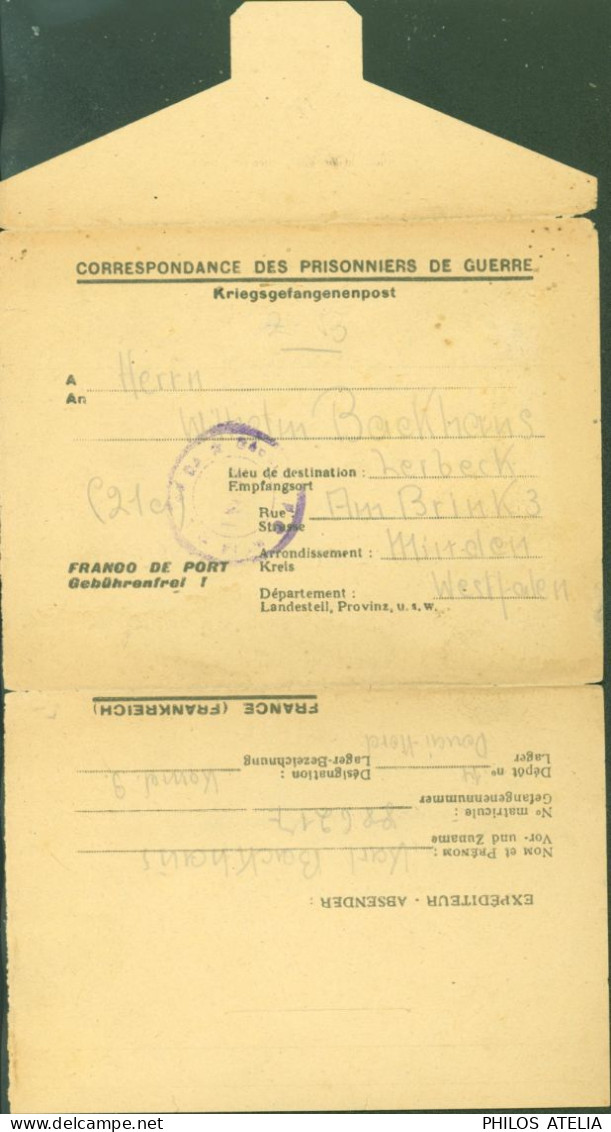 Guerre 40 Carte Lettre Prisonnier Allemand Dépôt 44 Douai Nord Cachet Du Camp 16 Juin 1947 - Guerra Del 1939-45