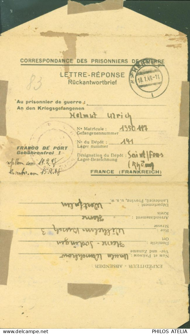 Guerre 40 Carte Lettre Prisonnier Allemand Camp 191 St Fons Rhône Cachet Camp CAD 18 1 1948 Herne - WW II