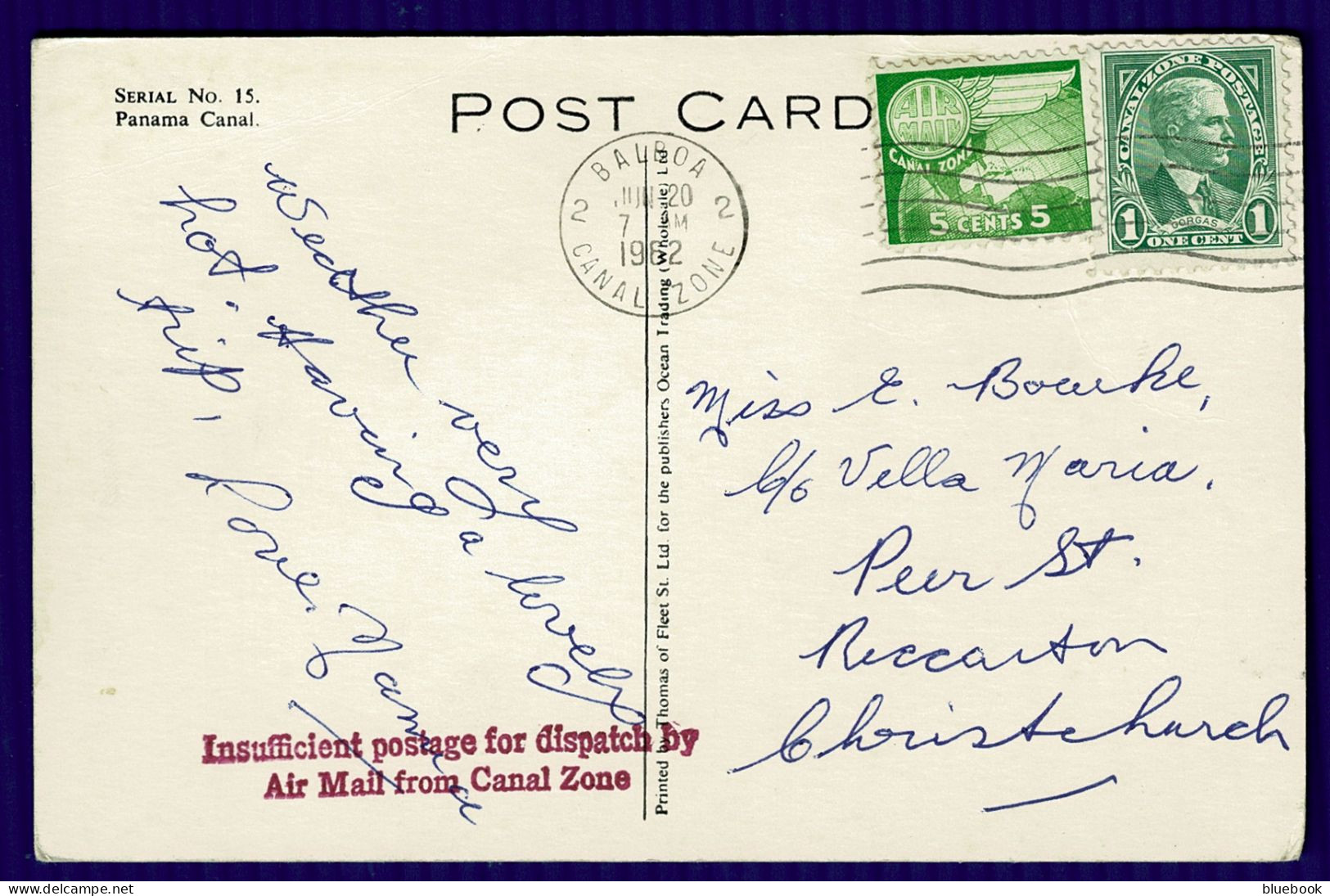 Ref 1639 - 1962 Postcard - USA Canal Zone To New Zealand - Insufficient Postage Cachet - Zona Del Canale / Canal Zone