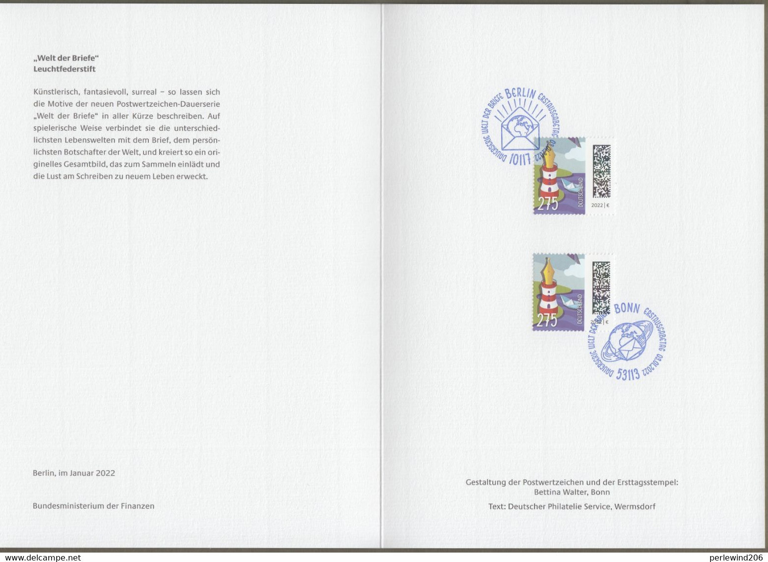 Bund: Minister Card - Ministerkarte Typ VII , Mi-Nr. 3657 ESST: " Welt Der Briefe: - Leuchtfederstift - "   X - Lettres & Documents
