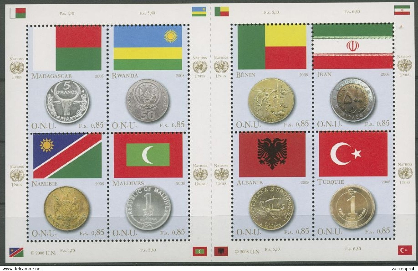 UNO Genf 2008 Flaggen U. Münzen Der UNO-Länder 592/99 K Postfrisch (C14254) - Blocs-feuillets