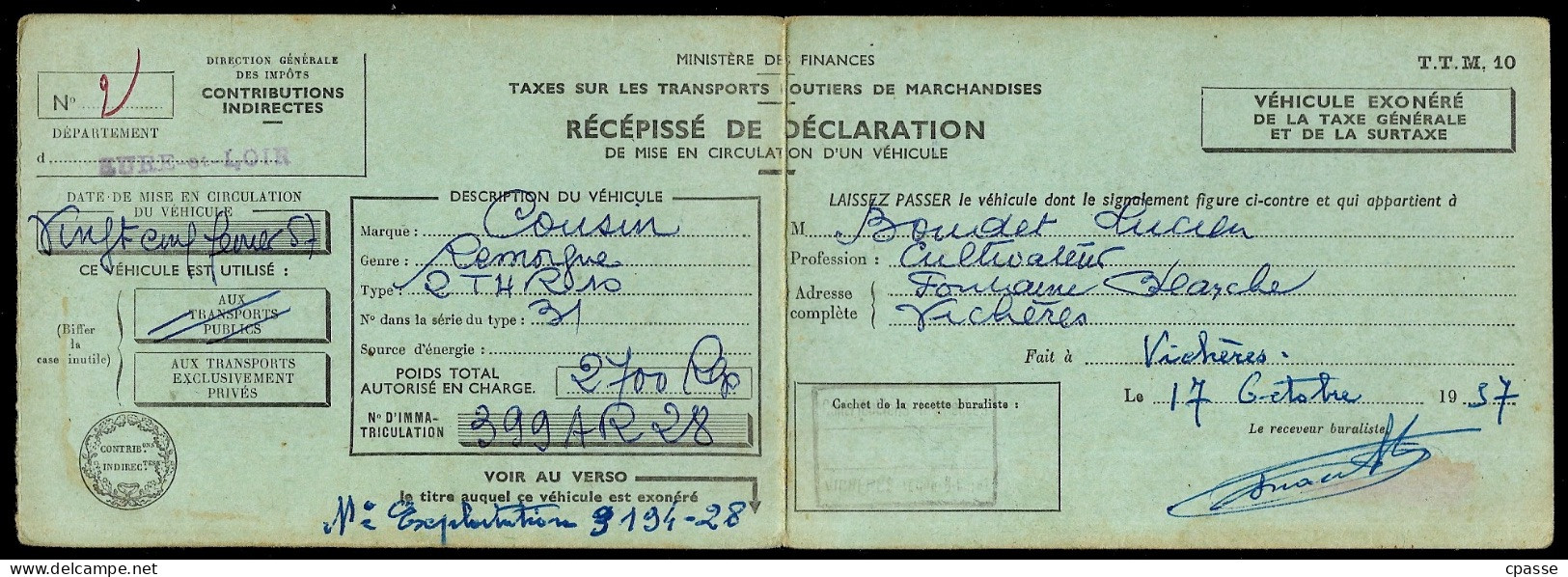 Transports - Rare RECEPISSE De DECLARATION Pour Remorque Agricole "COUSIN" 28 VICHERES ** Agriculture - Altri & Non Classificati