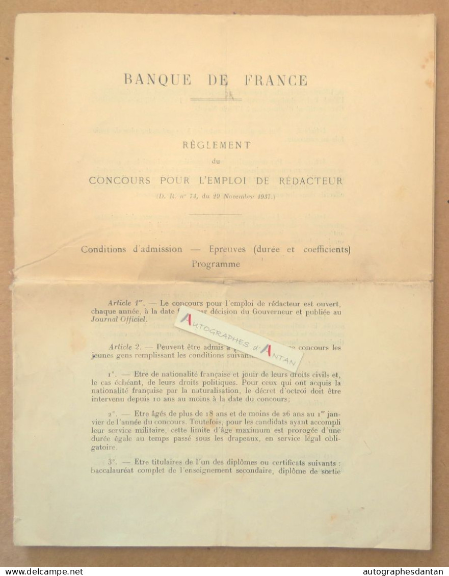 ● Banque De France - 1937 - Règlement Concours Pour Emploi De Rédacteur - 6 Pages - Cf Photos - Bank & Versicherung