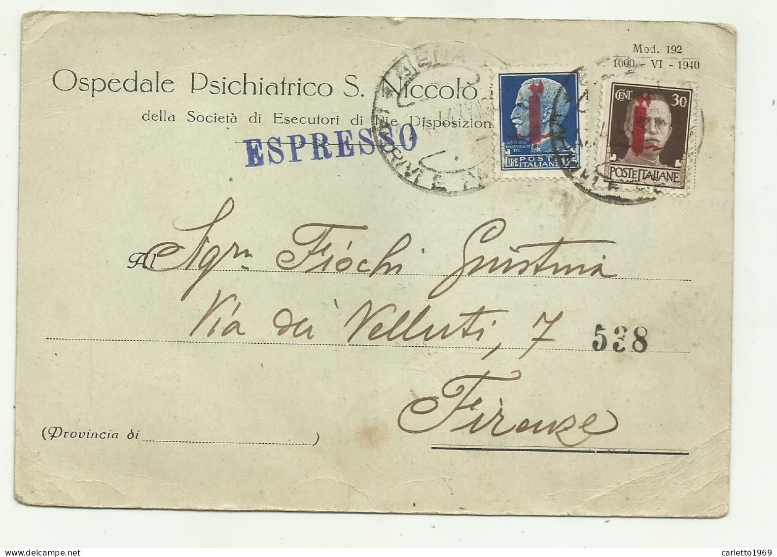 FRANCOBOLLLI R.S.I.30 CENTESIMI E LIRE 1,25 SOPRASTAMPATI SU CARTOLINA ESPRESSO  OSPEDALE PSICHIATRICO S.NICCOLO SIENA - Eilsendung (Eilpost)